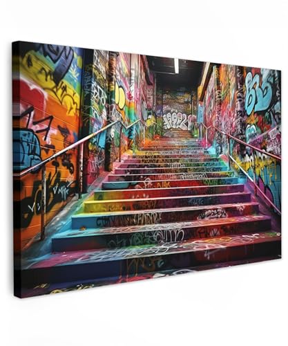 MuchoWow© Bilder Groß 120x80 cm XXL Wohnzimmer Deko Modern Wandbild Foto auf Leinwand Bild Schlafzimmer Room Decor Geschenke Banksy - Street Pop Art - Treppe - Graffiti - Farben - Kunst von MuchoWow