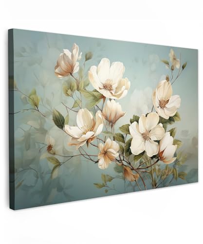 MuchoWow© Bilder Groß 120x80 cm XXL Wohnzimmer Deko Modern Wandbild Foto auf Leinwand Bild Schlafzimmer Room Decor Geschenke Vintage - Blumen - Weiß - Zweige - Natur von MuchoWow