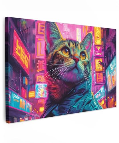 MuchoWow© Bilder Groß 120x80 cm XXL Wohnzimmer Deko Modern Wandbild Foto auf Leinwand Bild Schlafzimmer über Bett Room Decor Geschenke Graffiti - Katze - Neon - China - Rosa - Pop-Art von MuchoWow