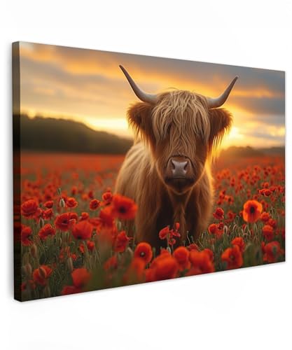 MuchoWow© Bilder Groß 120x80 cm XXL Wohnzimmer Deko Modern Wandbild Foto auf Leinwand Bild Schlafzimmer über Bett Room Decor Geschenke Schottische Hochlandrind - Rosen - Blumenfeld - Sonnenuntergang von MuchoWow