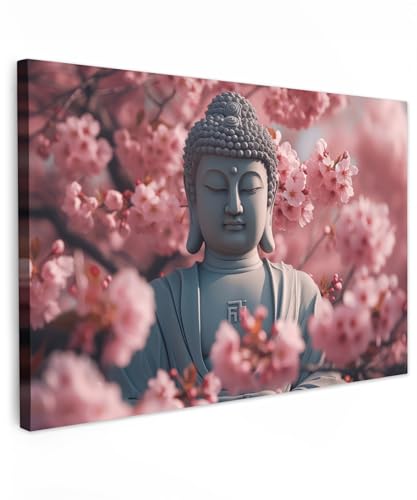 MuchoWow© Bilder Groß 120x80 cm XXL Wohnzimmer Deko Modern Wandbild Kunstdruck auf Leinwand Bild Schlafzimmer über Bett Room Decor Geschenke Buddha - Statue - Sakura - Kirschblüte von MuchoWow