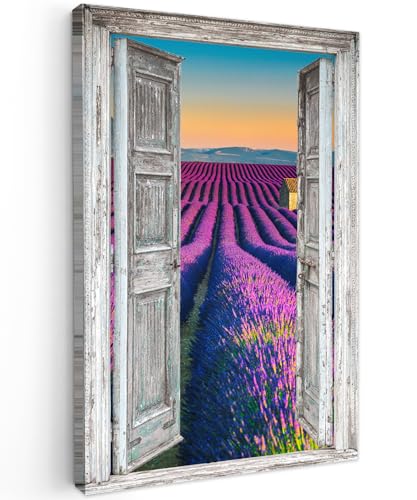 MuchoWow© Bilder Groß 80x120 cm XXL Wohnzimmer Deko Modern Wandbild Foto auf Leinwand Bild Schlafzimmer Room Decor Geschenke Lavendel - Sommer - Fensterblick - Blumen von MuchoWow