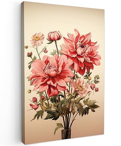 MuchoWow© Bilder Groß 80x120 cm XXL Wohnzimmer Deko Modern Wandbild Foto auf Leinwand Bild Schlafzimmer Room Decor Geschenke Vintage - Blumen - Rot - Beige - Pflanzen von MuchoWow