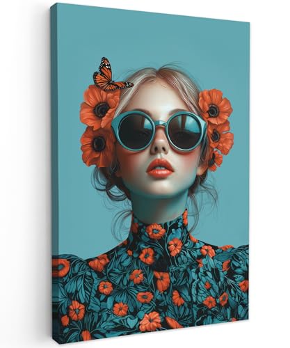 MuchoWow© Bilder Groß 80x120 cm XXL Wohnzimmer Deko Modern Wandbild Kunstdruck auf Leinwand Bild Schlafzimmer über Bett Room Decor Geschenke Frau - Blau - Schmetterling - Blumen - Ästhetisch von MuchoWow