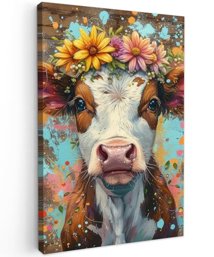 MuchoWow© Bilder Groß 80x120 cm XXL Wohnzimmer Deko Modern Wandbild Kunstdruck auf Leinwand Bild Schlafzimmer über Bett Room Decor Geschenke Kuh - Graffiti - Tiere - Blumen - Straßenkunst von MuchoWow