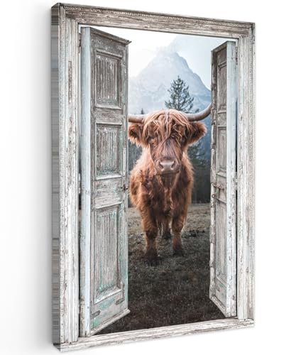 MuchoWow© Bilder Klein 20x30 cm Mini Wohnzimmer Deko Modern Wandbild Foto auf Leinwand Bild Schlafzimmer Room Decor Geschenke Schottische Highlander - Kuh - Landleben - Fensterblick von MuchoWow