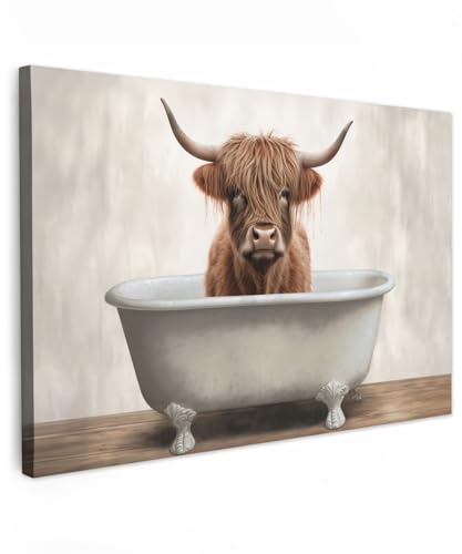 MuchoWow© Bilder Klein 30x20 cm Mini Wohnzimmer Deko Modern Wandbild Foto auf Leinwand Bild Schlafzimmer Room Decor Geschenke Hochlandrind - Highland Cow - Bad - Badezimmer - Badewanne - Braun von MuchoWow