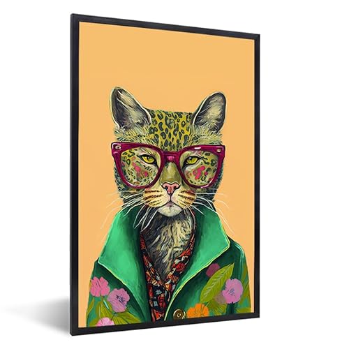 MuchoWow© Bilder mit Rahmen Dekoration Wandbilder Wohnzimmer Wand Deko Zimmer Geschenk Bilderrahmen Tiere - Katze - Brille - Blumen - Hippie - 40x60 cm von MuchoWow