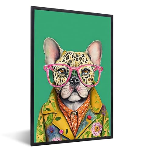 MuchoWow© Bilder mit Rahmen Poster Wanddekoration Wohnzimmer Deko Modern Geschenke Bilderrahmen Bulldogge - Brille - Design - Hund - Tiere - 40x60 cm von MuchoWow