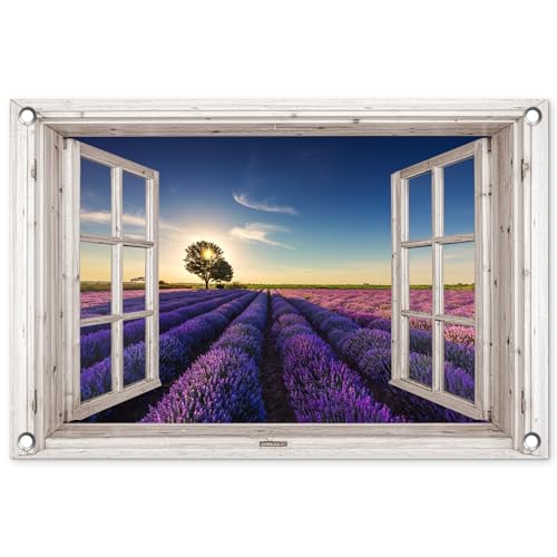 MuchoWow© Gartenposter 60x40 cm Outdoor Bilder Gartendeko für draußen Wetterfest Garten Deko Banner Sichtschutzmatte Draußen Bild Fensterblick - Lavendel - Baum - Fenster - Sonnenuntergang von MuchoWow