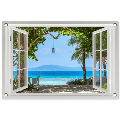 MuchoWow© Gartenposter 60x40 cm Outdoor Bilder Gartendeko für draußen Wetterfest Garten Sichtschutz Terrasse Deko Banner Draußen Bild Fensterblick - Baum - Meer - Palme - Hügel - Strand - Blau von MuchoWow