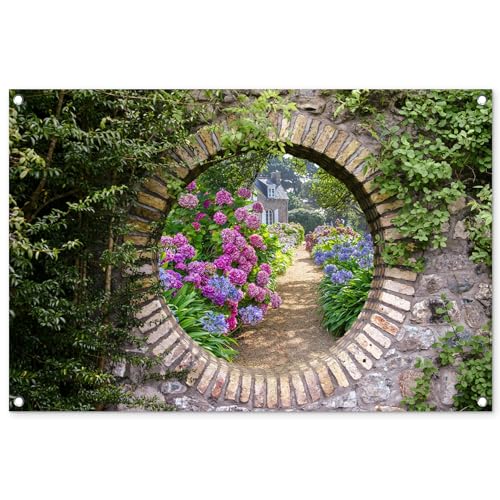 MuchoWow© Gartenposter 90x60 cm Outdoor Bilder Gartendeko für draußen Wetterfest Garten Deko Banner Draußen Bild Garden Decoration Fensterblick - Blumen - Hortensie - Sommer von MuchoWow