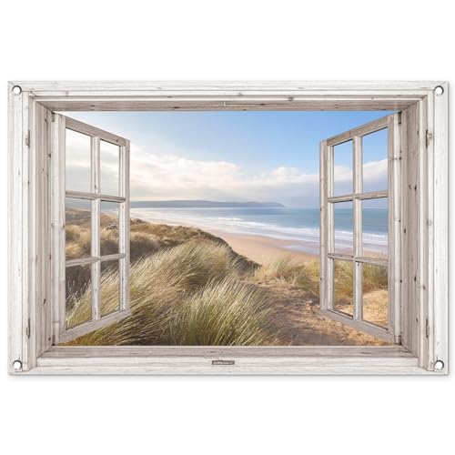 MuchoWow© Gartenposter 90x60 cm Outdoor Bilder Gartendeko für draußen Wetterfest Garten Deko Banner Sichtschutzmatte Draußen Bild Fensterblick - Strand - Meer - Dünen - Strandhafer - Sand - Blau von MuchoWow