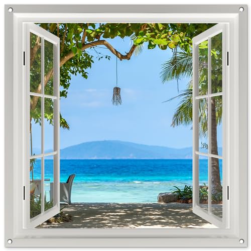 MuchoWow© Gartenposter Groß 100x100 cm XXL Outdoor Bilder Gartendeko für draußen Wetterfest Garten Sichtschutz Terrasse Deko Banner Draußen Bild Fensterblick - Baum - Meer - Palme - Hügel - Strand - B von MuchoWow