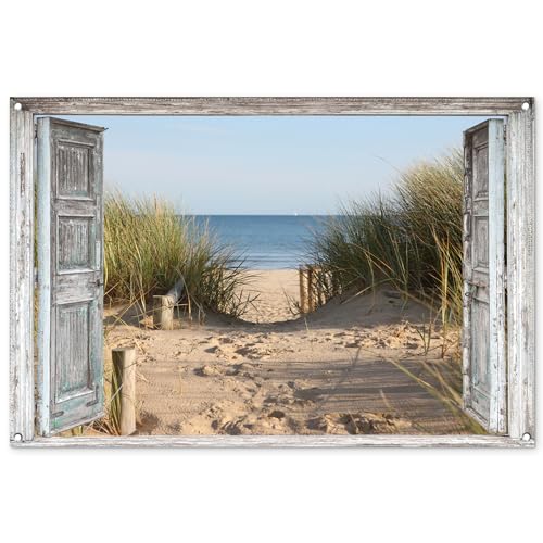 MuchoWow© Gartenposter Groß 120x80 cm XXL Outdoor Bilder Gartendeko für draußen Wetterfest Garten Sichtschutz Terrasse Deko Banner Draußen Bild Düne - Strand - Fenster - Sommer von MuchoWow