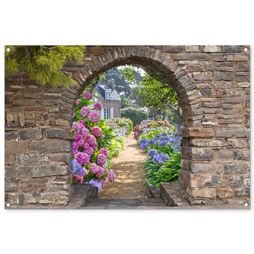 MuchoWow© Gartenposter Groß 120x80 cm XXL Outdoor Bilder Gartendeko für draußen Wetterfest Garten Sichtschutz Zaun Deko Banner Draußen Bild Blumen - Fensterblick - Hortensie - Sommer von MuchoWow