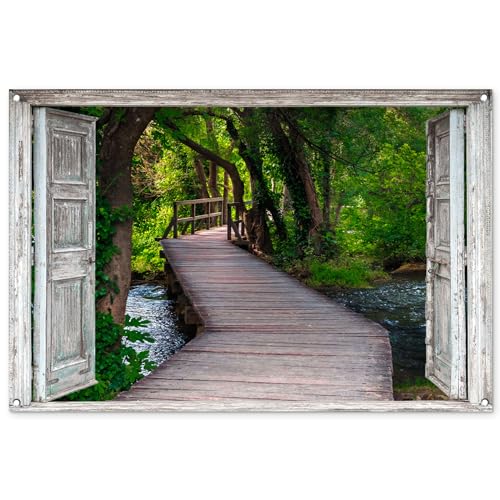 MuchoWow© Gartenposter Groß 120x80 cm XXL Outdoor Bilder Gartendeko für draußen Wetterfest Garten Zaun Deko Banner Draußen Bild Gartenzaun Brücke - Wald - Fensterblick von MuchoWow