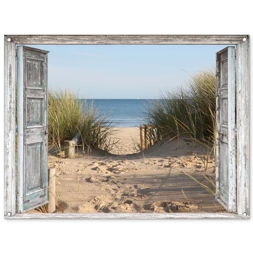 MuchoWow© Gartenposter Groß 120x90 cm XXL Outdoor Bilder Gartendeko für draußen Wetterfest Garten Sichtschutz Terrasse Deko Banner Draußen Bild Düne - Strand - Fenster - Sommer von MuchoWow