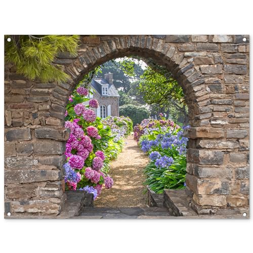 MuchoWow© Gartenposter Groß 120x90 cm XXL Outdoor Bilder Gartendeko für draußen Wetterfest Garten Sichtschutz Zaun Deko Banner Draußen Bild Blumen - Fensterblick - Hortensie - Sommer von MuchoWow