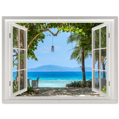MuchoWow© Gartenposter Groß 160x120 cm XXL Outdoor Bilder Gartendeko für draußen Wetterfest Garten Sichtschutz Terrasse Deko Banner Draußen Bild Fensterblick - Baum - Meer - Palme - Hügel - Strand - B von MuchoWow