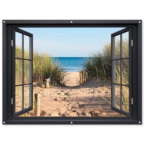 MuchoWow© Gartenposter Groß 160x120 cm XXL Outdoor Bilder Gartendeko für draußen Wetterfest Sichtschutz Garten Deko PVC Banner Draußen Bild Fensterblick - Strand - Meer - Sand - Wasser - Strandhafer - von MuchoWow