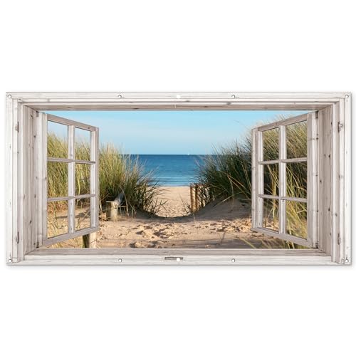 MuchoWow© Gartenposter Groß 200x100 cm XXL Outdoor Bilder Gartendeko für draußen Wetterfest Garten Deko Banner Sichtschutzmatte Draußen Bild Fensterblick - Strand - Meer - Dünen - Sand - Wasser von MuchoWow