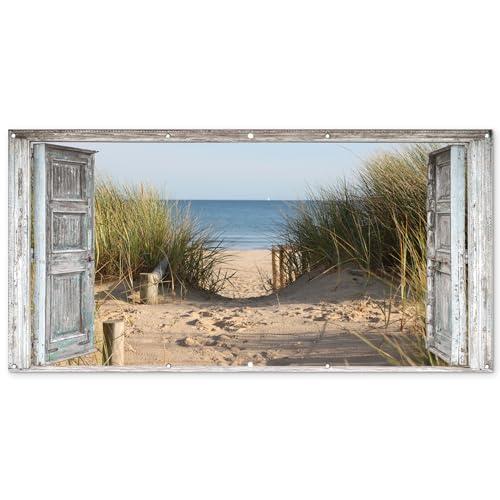 MuchoWow© Gartenposter Groß 200x100 cm XXL Outdoor Bilder Gartendeko für draußen Wetterfest Garten Sichtschutz Terrasse Deko Banner Draußen Bild Düne - Strand - Fenster - Sommer von MuchoWow
