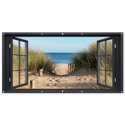 MuchoWow© Gartenposter Groß 200x100 cm XXL Outdoor Bilder Gartendeko für draußen Wetterfest Sichtschutz Garten Deko PVC Banner Draußen Bild Fensterblick - Strand - Meer - Sand - Wasser - Strandhafer - von MuchoWow