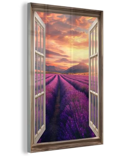 MuchoWow© Glas Wandbild 40x60 cm Dekoration Wohnzimmer Bilder Pictures Wall Decoration Living Room Wohnungs Deko Moderne Bild Fensterblick - Lavendel - Landschaft - Blumen - Lila von MuchoWow