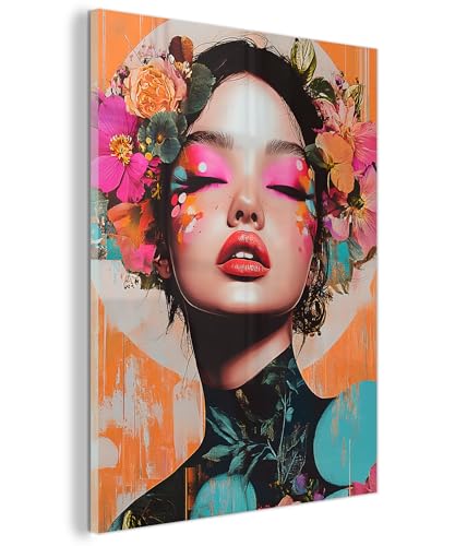 MuchoWow© Glas Wandbild 60x80 cm Dekoration Wohnzimmer Bilder Pictures Wall Decoration Living Room Wohnungs Deko Moderne Bild Porträt - Frau - Abstrakt - Blumen von MuchoWow