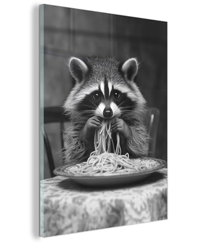 MuchoWow© Glasbilder 30x40 cm Wanddeko Wohnzimmer Aesthetic Room Decor Deko Zimmer Wandbilder Modern Bild auf Glas Waschbär - Süß - Pasta - Tischdecke - Schwarzweiß von MuchoWow