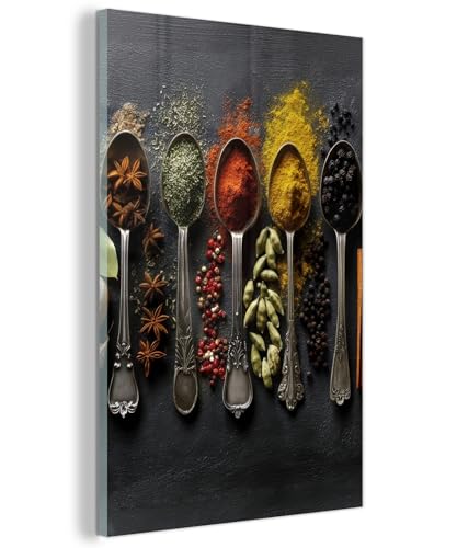 MuchoWow© Glasbilder 40x60 cm Wanddeko Wohnzimmer Aesthetic Room Decor Deko Zimmer Wandbilder Modern Bild auf Glas Löffel - Gewürze - Zimt - Chili von MuchoWow