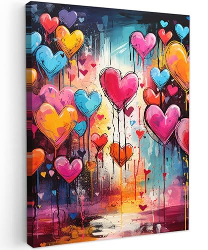 MuchoWow© Leinwände 30x40 cm Wall Decoration Bilder Schlafzimmer Deko Pictures Canvas Painting Wanddekoration Wohnzimmer Banksy - Street Pop Art - Herzen - Farben - Kunst - Liebe von MuchoWow