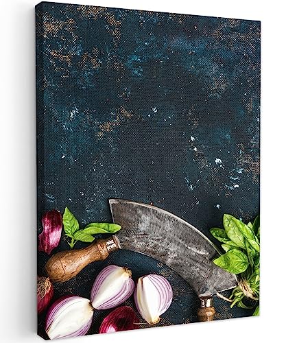 MuchoWow© Leinwandbilder 30x40 cm Wall Art Decoration Bilder für die Wand Deko Canvas Painting Wanddekoration Wohnzimmer Bild Küche - Gemüse - Kräuter - Wiegemesser - Zwiebel - Gewürze von MuchoWow