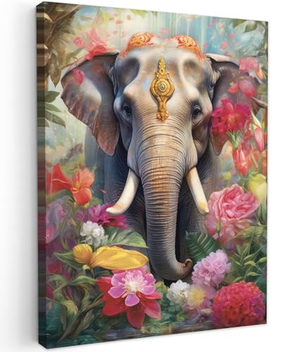 MuchoWow© Leinwände 30x40 cm Wall Decoration Bilder Schlafzimmer Deko Pictures Canvas Painting Wanddekoration Wohnzimmer Elefant - Blumen - Natur - Tiere von MuchoWow