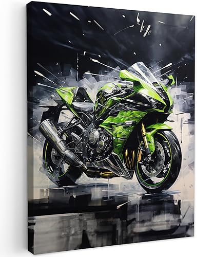 MuchoWow© Leinwände 30x40 cm Wall Decoration Bilder Schlafzimmer Deko Pictures Canvas Painting Wanddekoration Wohnzimmer Leinwandbilder Motorrad - Graffiti - Grün - Grau - Schwarz von MuchoWow