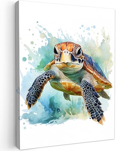 MuchoWow© Leinwände 30x40 cm Wall Decoration Bilder Schlafzimmer Deko Pictures Canvas Painting Wanddekoration Wohnzimmer Maritime - Schildkröte - Blau - Weiß - Natur - Tiere von MuchoWow