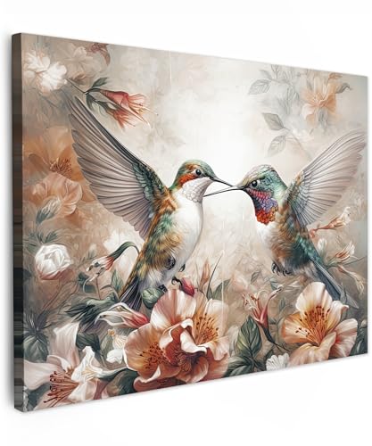 MuchoWow© Leinwände 40x30 cm Wall Decoration Bilder für die Wand Schlafzimmer Deko Pictures Canvas Painting Wanddekoration Wohnzimmer Kolibri - Vögel - Blumen - Natur von MuchoWow