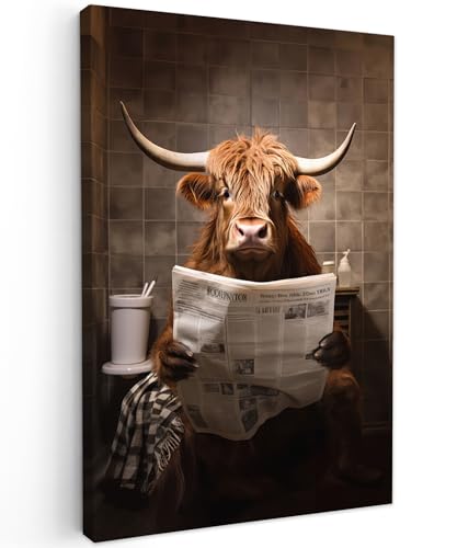 MuchoWow© Leinwände 40x60 cm Wall Decoration Bilder Schlafzimmer Deko Pictures Canvas Painting Wanddekoration Wohnzimmer Schottische Hochlandrind - Kuh - Highland Cow - Zeitung - Toilette von MuchoWow