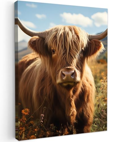 MuchoWow© Leinwände 50x70 cm Wall Decoration Bilder Schlafzimmer Deko Pictures Canvas Painting Wanddekoration Wohnzimmer Schottische Hochlandrind - Kuh - Highland Cow - Blumen - Hörner von MuchoWow