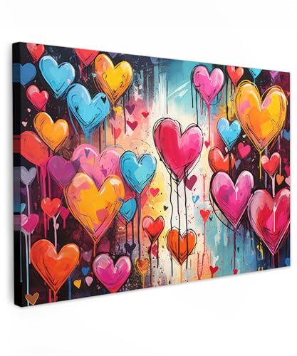 MuchoWow© Leinwände 60x40 cm Wall Decoration Bilder Schlafzimmer Deko Pictures Canvas Painting Wanddekoration Wohnzimmer Banksy - Street Pop Art - Herzen - Farben - Kunst - Liebe von MuchoWow