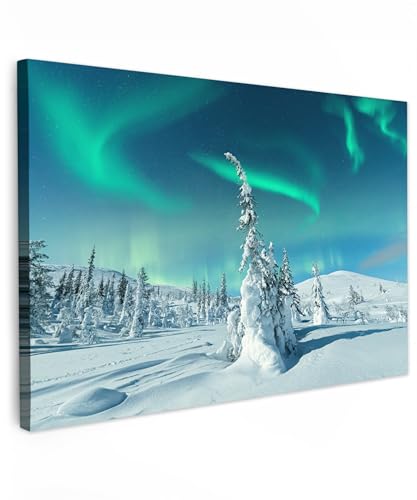 MuchoWow© Leinwände 60x40 cm Wall Decoration Bilder Schlafzimmer Deko Pictures Canvas Painting Wanddekoration Wohnzimmer Bild Natur - Nordlicht - Schnee - Landschaft - Winter - Kiefer von MuchoWow