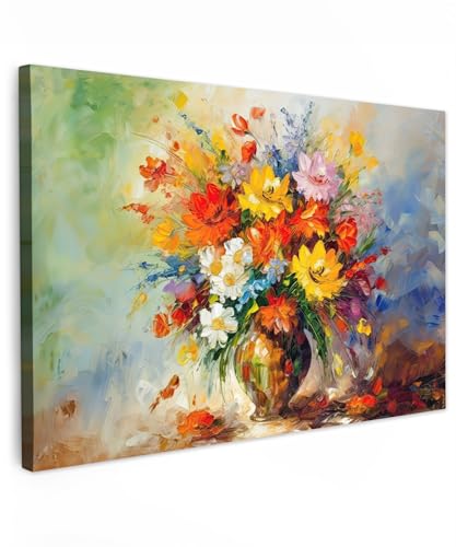 MuchoWow© Leinwände 60x40 cm Wall Decoration Bilder Schlafzimmer Deko Pictures Canvas Painting Wanddekoration Wohnzimmer Kunstdruck - Blumen - Bunt - Ölfarbe - Blumentopf von MuchoWow