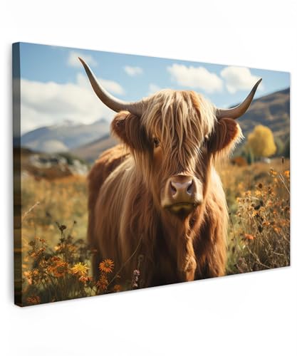 MuchoWow© Leinwände 60x40 cm Wall Decoration Bilder Schlafzimmer Deko Pictures Canvas Painting Wanddekoration Wohnzimmer Schottische Hochlandrind - Kuh - Highland Cow - Blumen - Hörner von MuchoWow