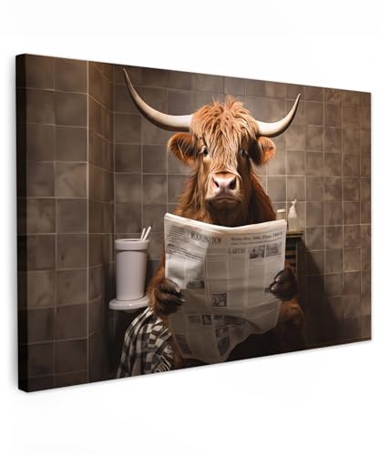 MuchoWow© Leinwände 60x40 cm Wall Decoration Bilder Schlafzimmer Deko Pictures Canvas Painting Wanddekoration Wohnzimmer Schottische Hochlandrind - Kuh - Highland Cow - Zeitung - Toilette von MuchoWow