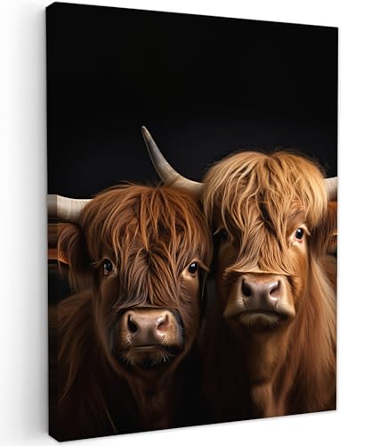 MuchoWow© Leinwände 60x80 cm Wall Decoration Bilder für die Wand Schlafzimmer Deko Pictures Canvas Painting Wanddekoration Wohnzimmer Schottische Hochlandrind - Kälber - Schwarz - Kuh von MuchoWow