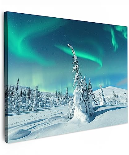 MuchoWow© Leinwände 80x60 cm Wall Decoration Bilder Schlafzimmer Deko Pictures Canvas Painting Wanddekoration Wohnzimmer Bild Natur - Nordlicht - Schnee - Landschaft - Winter - Kiefer von MuchoWow