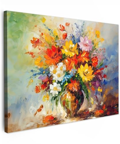 MuchoWow© Leinwände 80x60 cm Wall Decoration Bilder Schlafzimmer Deko Pictures Canvas Painting Wanddekoration Wohnzimmer Kunstdruck - Blumen - Bunt - Ölfarbe - Blumentopf von MuchoWow