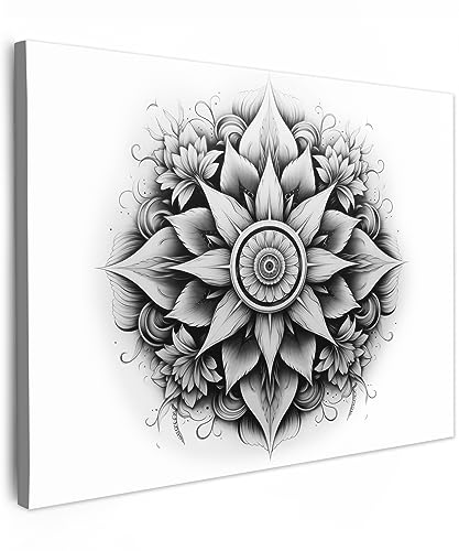 MuchoWow© Leinwände 80x60 cm Wall Decoration Bilder Schlafzimmer Deko Pictures Canvas Painting Wanddekoration Wohnzimmer Mandala - Schwarz - Weiß - Blumen von MuchoWow