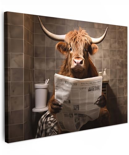 MuchoWow© Leinwände 80x60 cm Wall Decoration Bilder Schlafzimmer Deko Pictures Canvas Painting Wanddekoration Wohnzimmer Schottische Hochlandrind - Kuh - Highland Cow - Zeitung - Toilette von MuchoWow